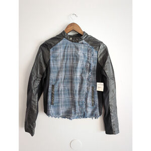 Free people Faux Leather Plaid Snap Button Motor Jacket Womens Sz XS Bikercore
